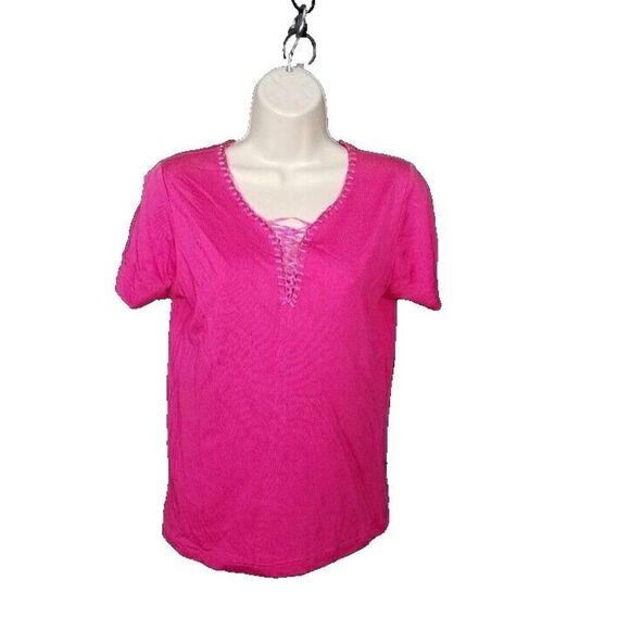 Dolcetti Top Women's Small Silk Blend Short Sleeve S Hot Pink Ribbon Detailing - Picture 1 of 9